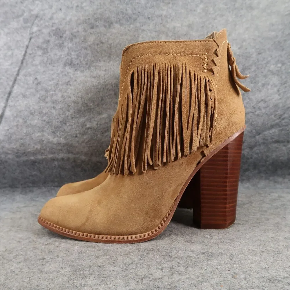 Cynthia Vincent Shoes Womens 9 Booties Fringe Leather Block Heel Fashion Western
